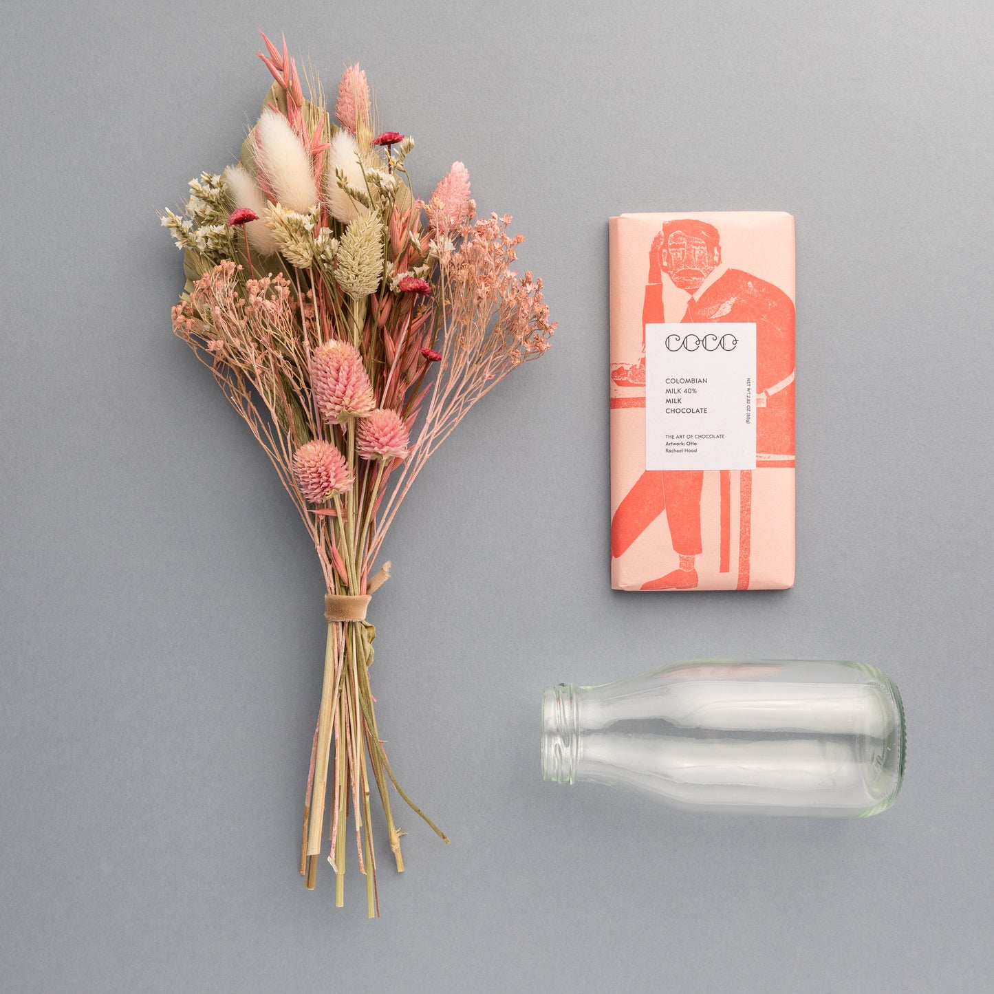 Dried Flower Posie + Vintage Milk Bottle + Chocolate