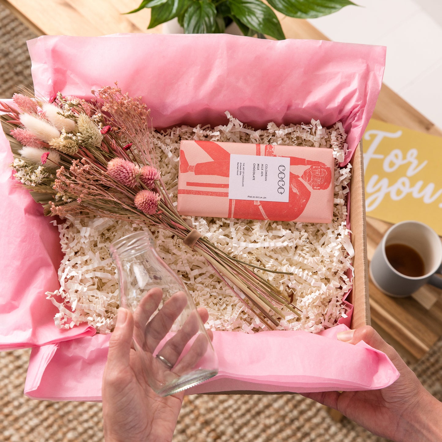 Dried Flower Posie + Vintage Milk Bottle + Chocolate