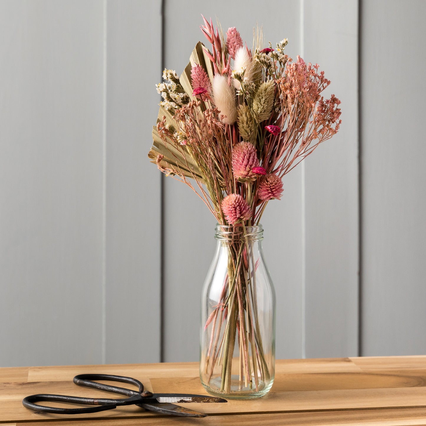 Dried Flower Posie + Vintage Style Milk Bottle Vase